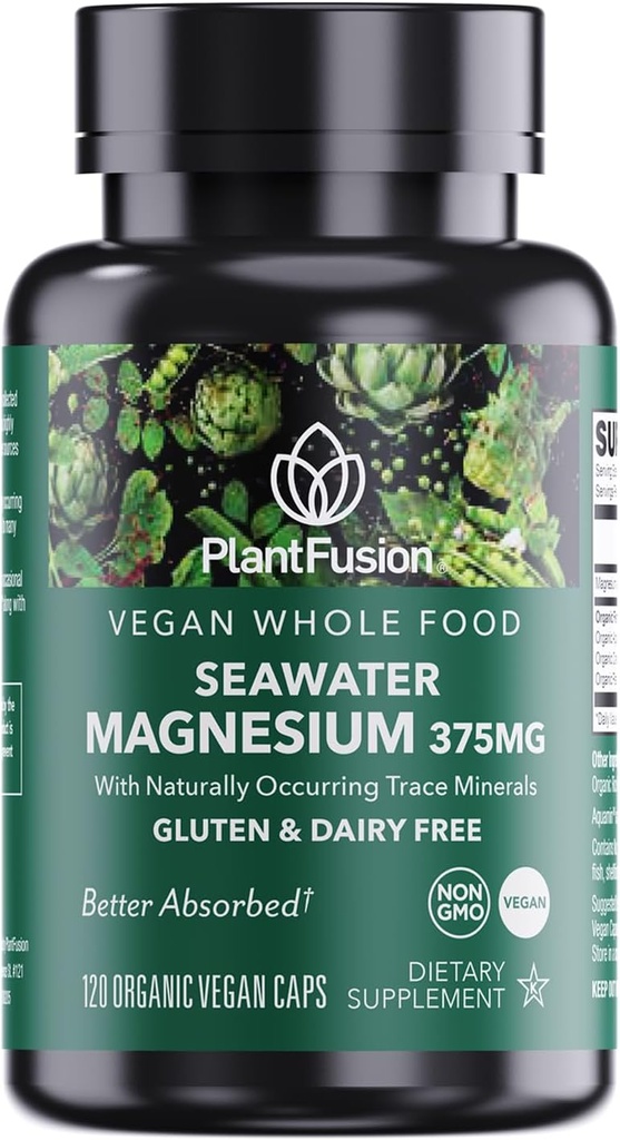PlantFusion Vegan Magneesium kompleks 375mg mereveest, biosaadav meremagneesium fermenteeritud orgaanilise kogutoidu seguga, mitte-GMO, lihaste ja lõõgastuse tugi, 120 Cap