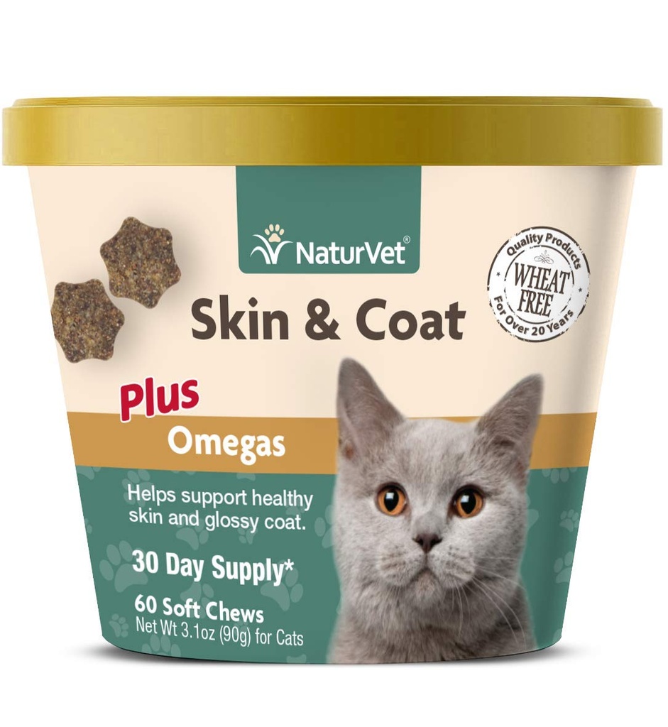 NaturVet – Skin & Coat Plus Omegas kassidele – 60 pehmet närimist | toetab tervislikku nahka ja läikivat katet | täiustatud oomega-3, oomega-6 ja biotiiniga | 30 päeva pakkumine