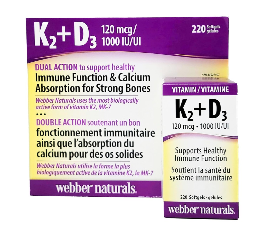 Webber Naturals K2 + D3 120 mcg / 1000 RÜ, toetab tervislikku immuunsüsteemi funktsiooni - 220 pehmet geeli