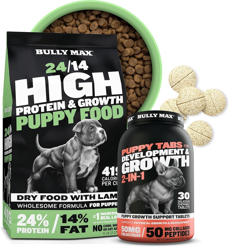 Bully Max 24/14 Kõrge valgusisaldusega kutsikas toit (5lbs.) ja kutsika vitamiinid (30 närimistable tabs) arengu ja kasvu Bundle - lihas, immuunsus, luu ja seedetrakti tugi väikestes ja suurtes tõugude kutsikates