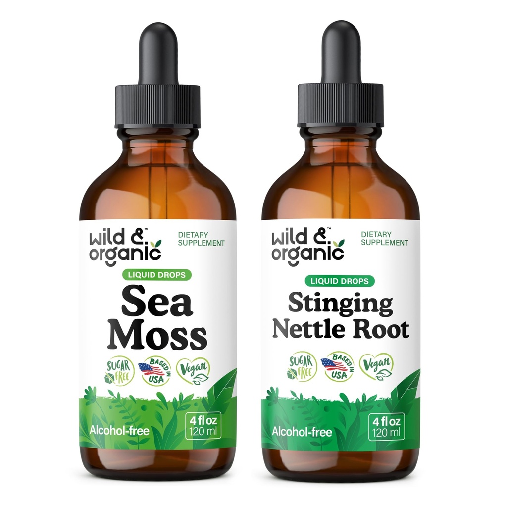 Wild & Organic Sea Moss Tinktuur 4 fl oz & Stinginging Nettle Juur Tinktuur 4 fl oz