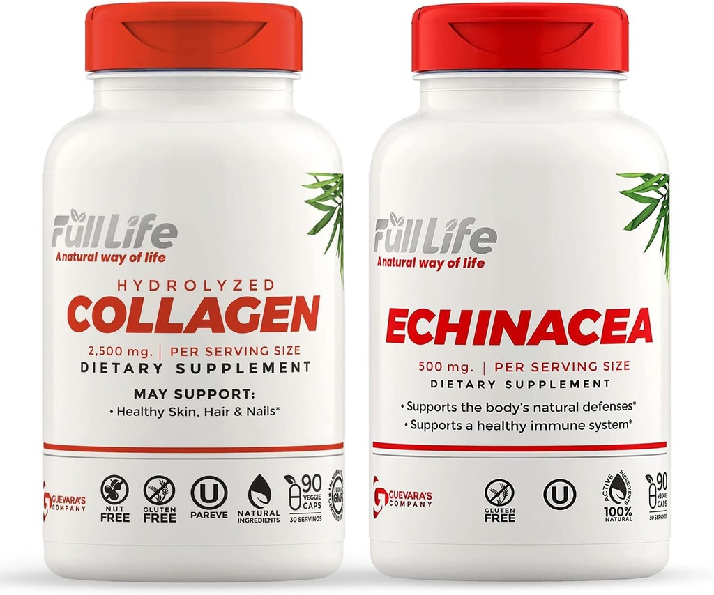 Täisväärtus Hüdrolüüsitud kollageen ja Echinacea kapslid - Toidulisandid - Veise kollageeni pillid naistele ja meestele - Echinacea Purpurea ekstrakt, Gluteenivaba - 90 Veggie kapslit Iga