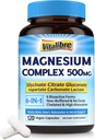Magneesiumkompleks 500mg, 6 in 1 Kelaaditud magneesiumglütsinaat, tsitraat, aspartaat, glükonaat, karbonaat ja laktaat, Max Absorptsioonilisand une ja rahu jaoks, 120 Vegankapslit, Magnesiooksiidi puudumine