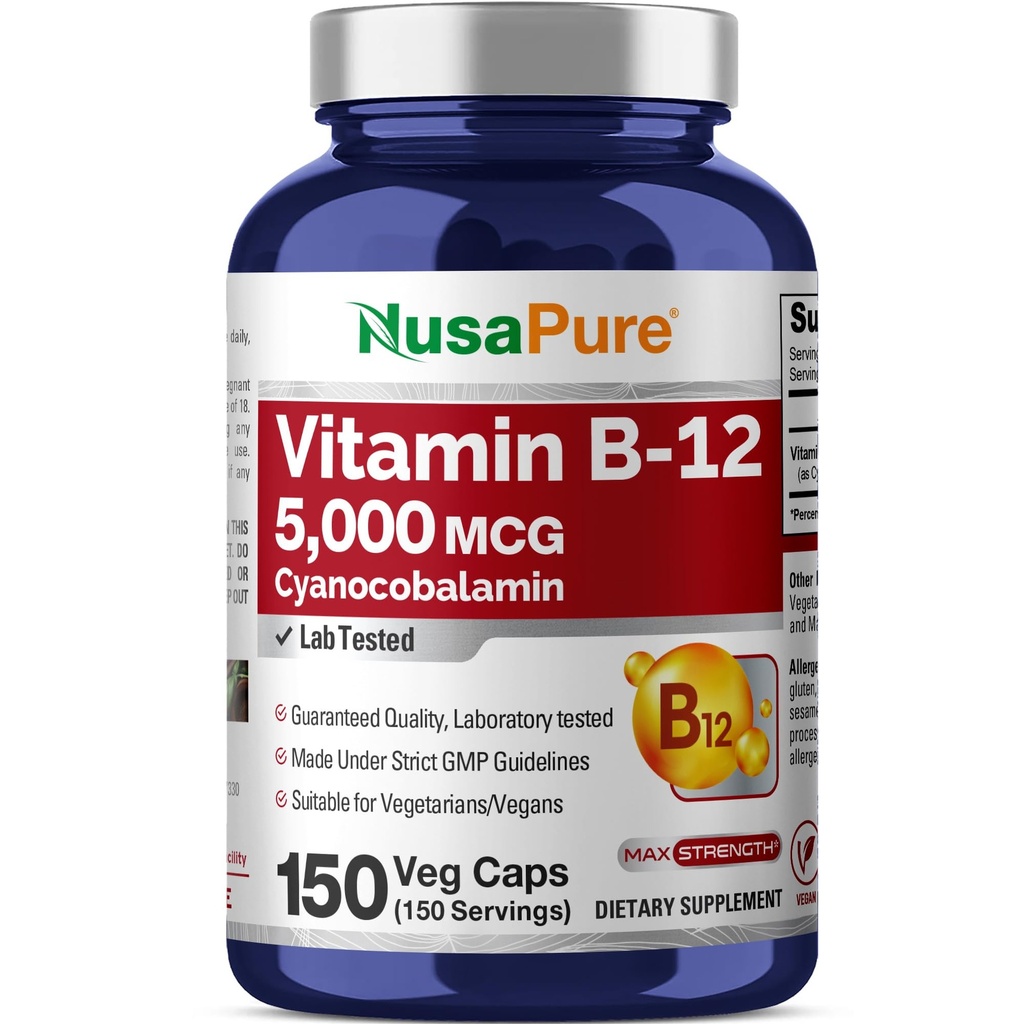 NusaPure Vitamiin B12-5000 MCG 150 Veggie kapslid (mitte-GMO, vegan) - Max Tugevus Vitamiin B12