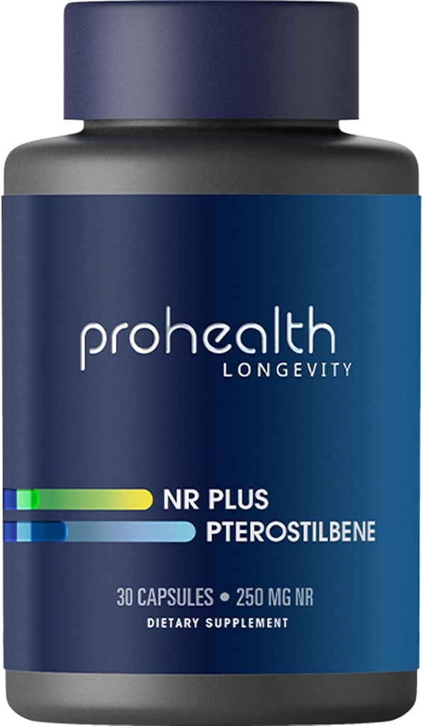 ProHealth NR + Pterostilbeen. Edendab pikaealisust, energiat ja tervislikku vananemist. Kaitseb südant + aju tervist. Toetab rakuparandust. 250 mg Niagen Nikotiinamiid Ribosiid + 40 mg Pterostilbeen, 30 kapslit