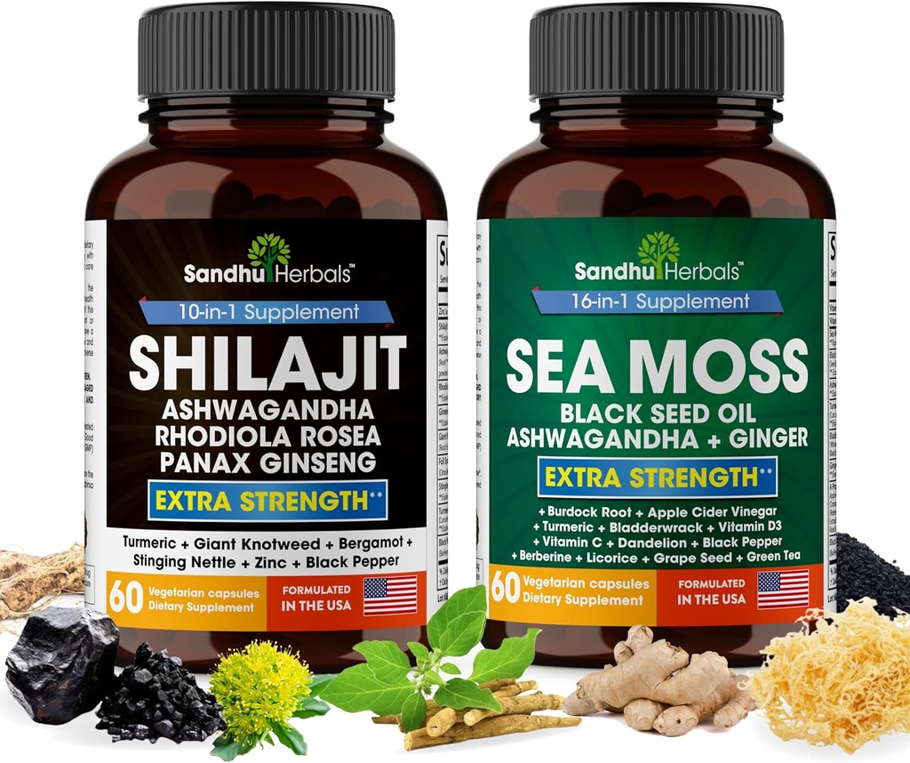 SANDHUHERBALS Sandhu Herbals Bundle - Sea Sammal, Shilajit, Black Seed Oil, Ashwagandha, Ginger, Rhodiola Rosea, Panax Ginseng, Sting Nettle