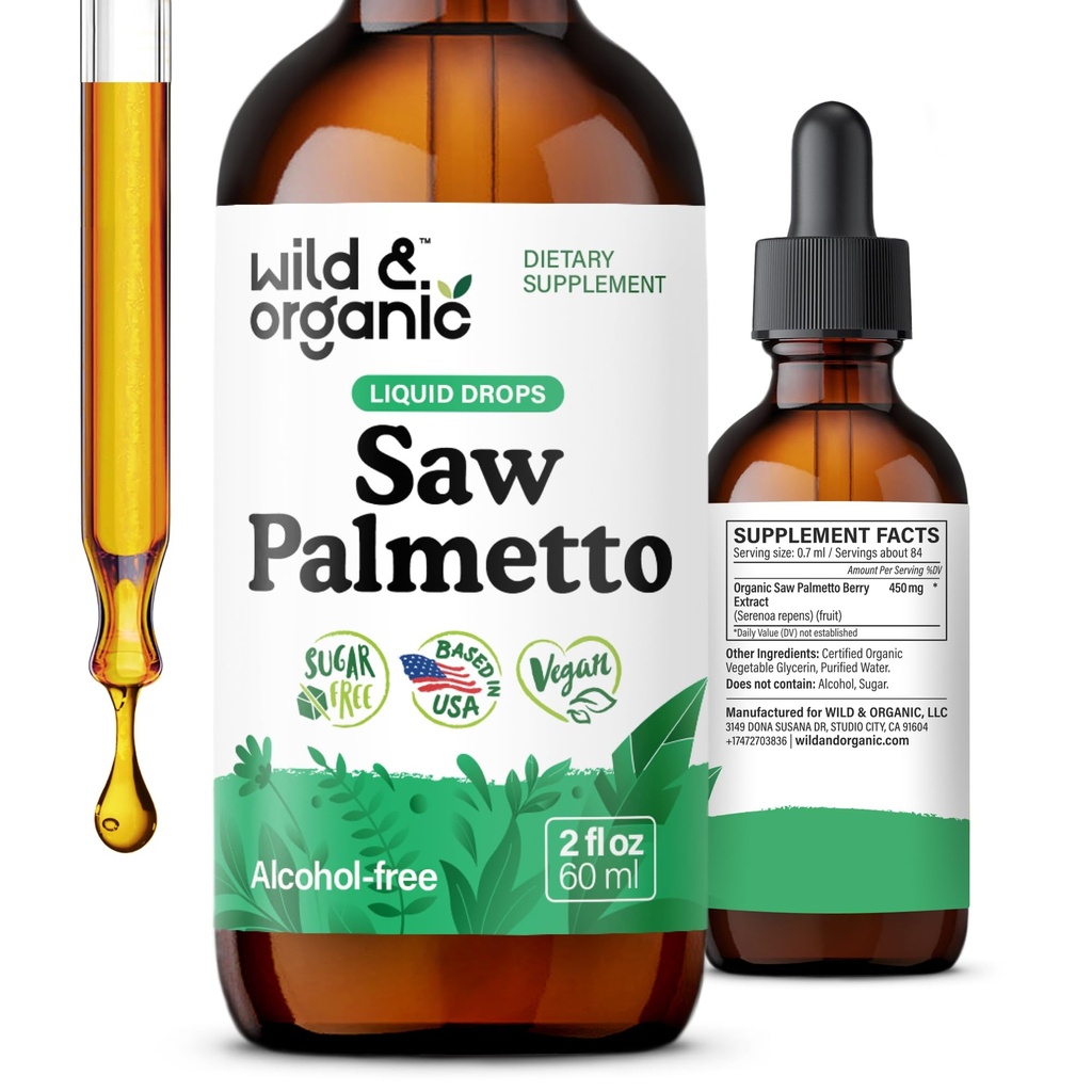 Wild & Organic Saw Palmetto ekstrakti tilgad - kuseteede tugi - Saw Palmetto meestele ja naistele - Vedel Serenoa Repens Berries Supplement - Vegan, suhkur ja alkoholivaba - 2 fl oz