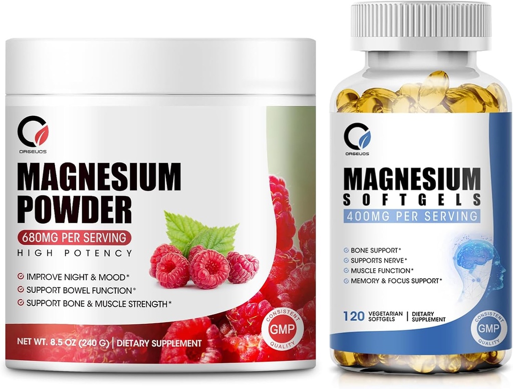 Magneesiumglütsinaat 400mg Softgels & 680mg Magneesium Glycinate Complex Pulber rahu, öö ja lihaste tugi - Vegan, Non GMO