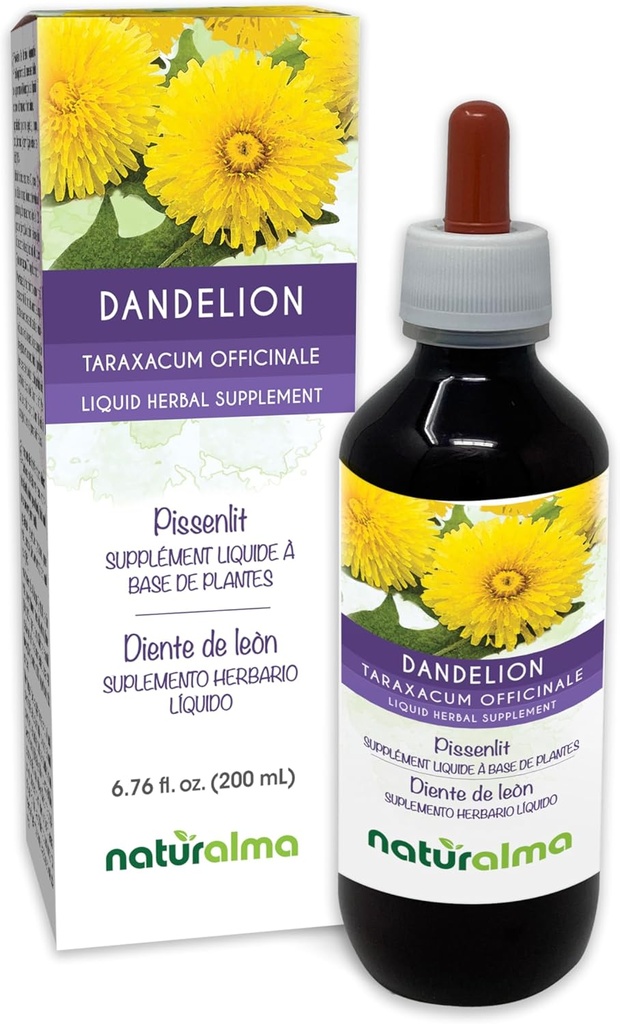 Naturalma Dandelion (Taraxacum officinale) Juur ja ürdi Alkoholivaba tinktuur - 6,76 fl oz Vedel ekstrakt tilkadena - Taimne täiendus - Vegan