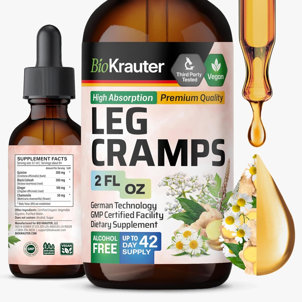 BIO KRAUTER Leg Cramps Tinktuur kiniiniga - Ingver & kummel Vedelikekstraktid jalgade krampide jaoks - looduslik alkohol ja suhkruvaba valem - Vegan langeb 2 Fl.Oz.