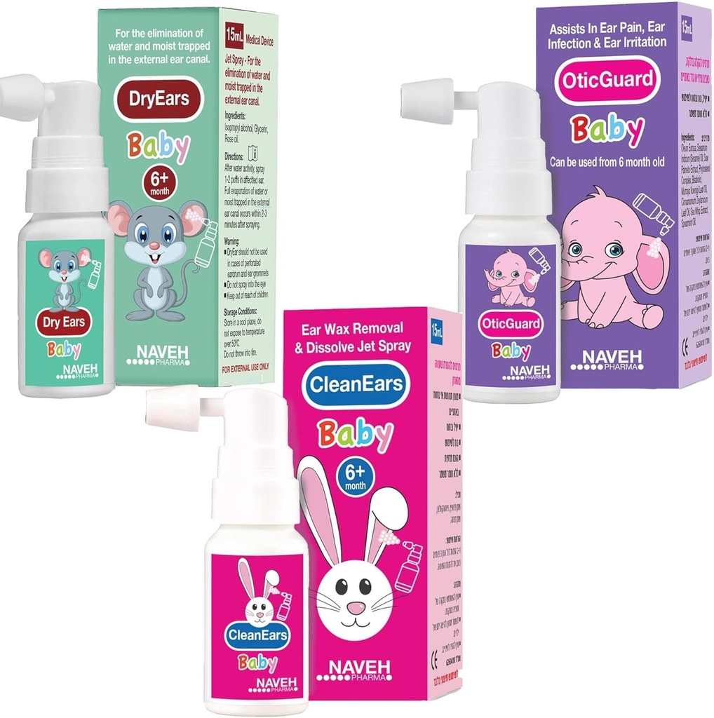 NAVEH PHARMA Kõik beebitooted (kuivad kõrvad, Otic Guard Baby, Clean Ears Baby) 3 X 0,5 Fl Oz ENT LINE