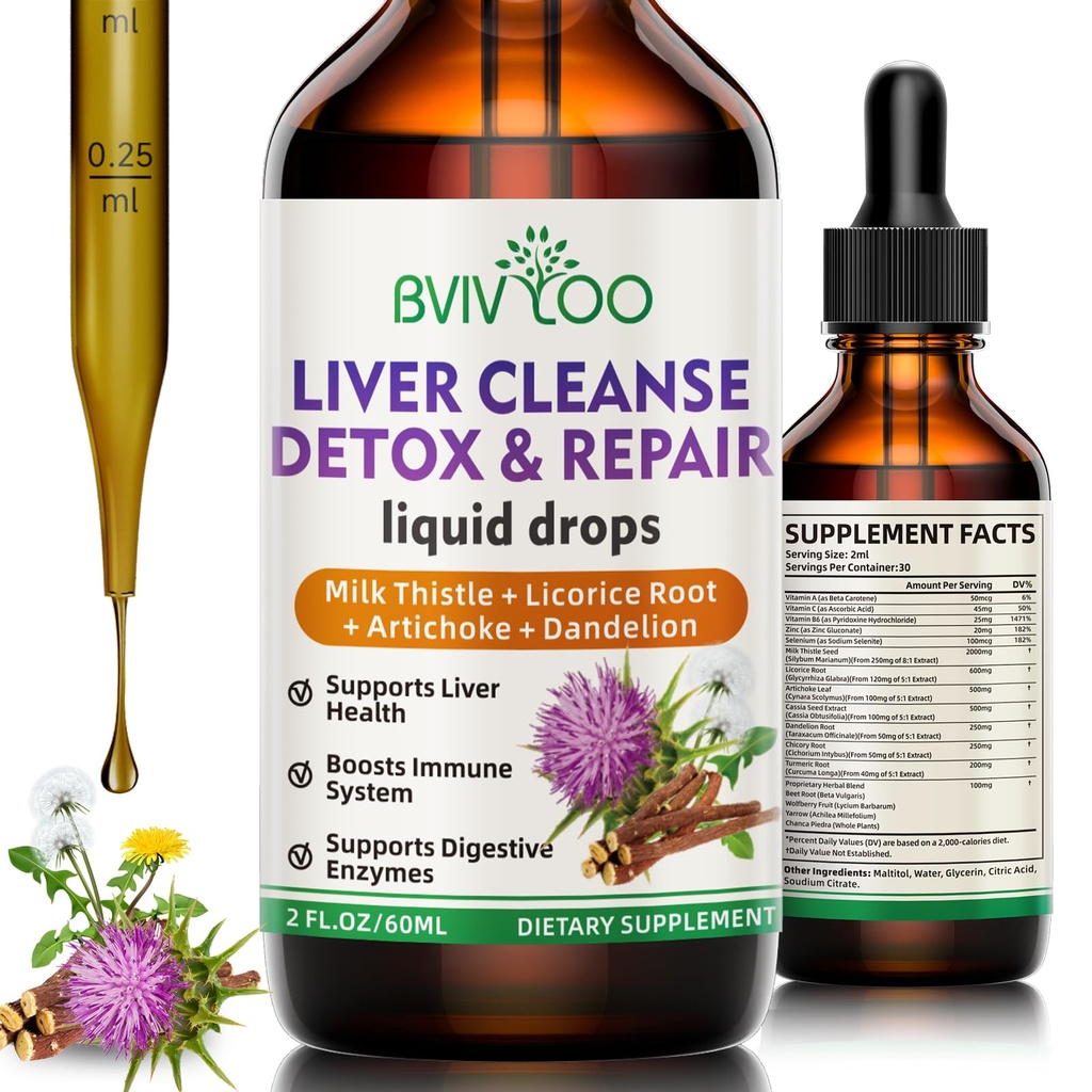 Maksapuhastus Detox & Remont Vedeliktilgad - 2000mg Piimaohakas, Dandelion Juur, Artišokk, Silümariini ekstrakt, & Kurkumürgid - Vegan, Non-GMO - 2 Fl Oz (60ml) Pudel