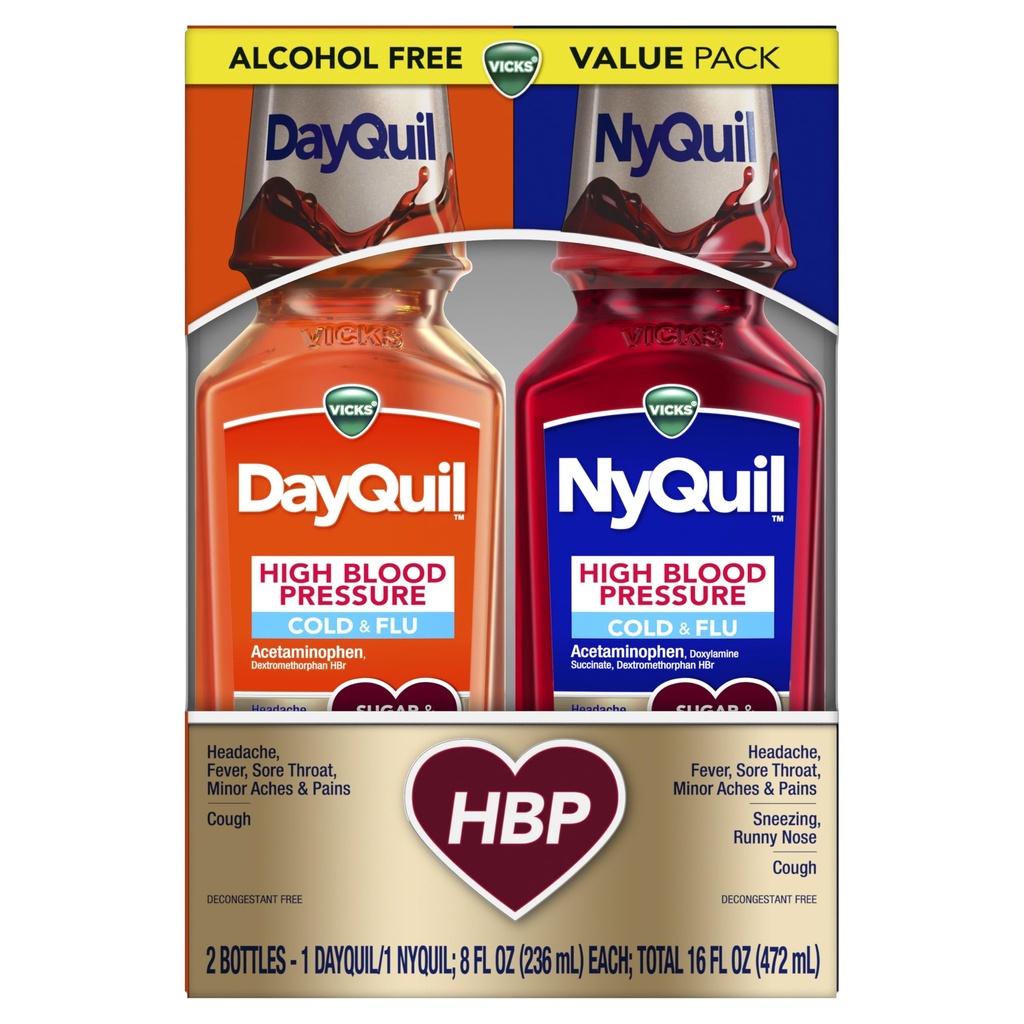 VICKS DayQuil & NyQuil Kõrge vererõhk Külm & gripi leevendamine Vedel meditsiin Co-Pack, võimas multi-Symptom Daytime & Night Relief külma, köha ja gripi sümptomid, Suhkru ja alkoholi vaba, 2x8oz