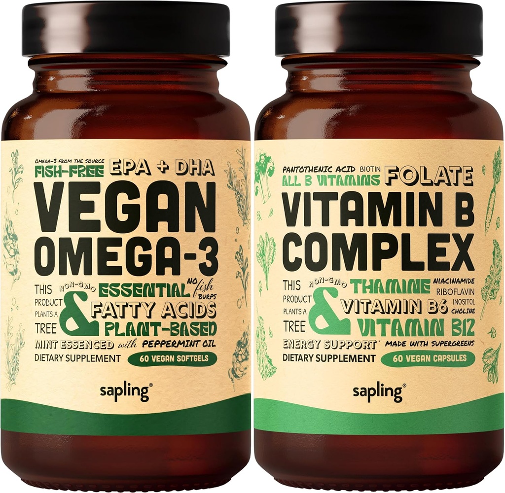 Vegan Omega 3 & Vegan Vitamin B Complex Bundle - Plant-Based DHA & EPA Fatty Acids, Essential B Vitamins with Whole Food Blend, B1, B2, B3, B5, B6, B7, Folate