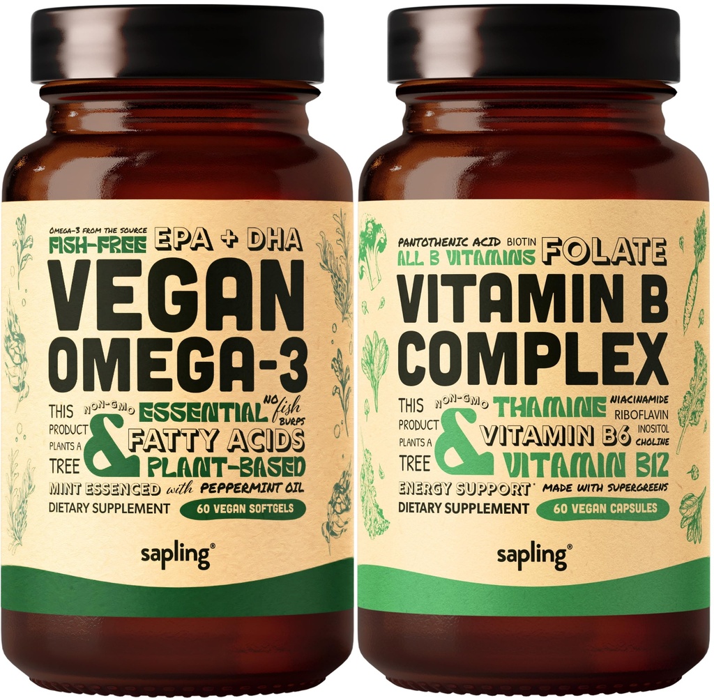 Vegan Omega 3 ja Vegan Vitamiin B Kompleks Kompleks Kompleks Kompleks - Taimne DHA & EPA Rasvhapped, Essential B Vitamiinid Kogu Toiduga Segu, B1, B2, B3, B5, B6, B7, Folaat
