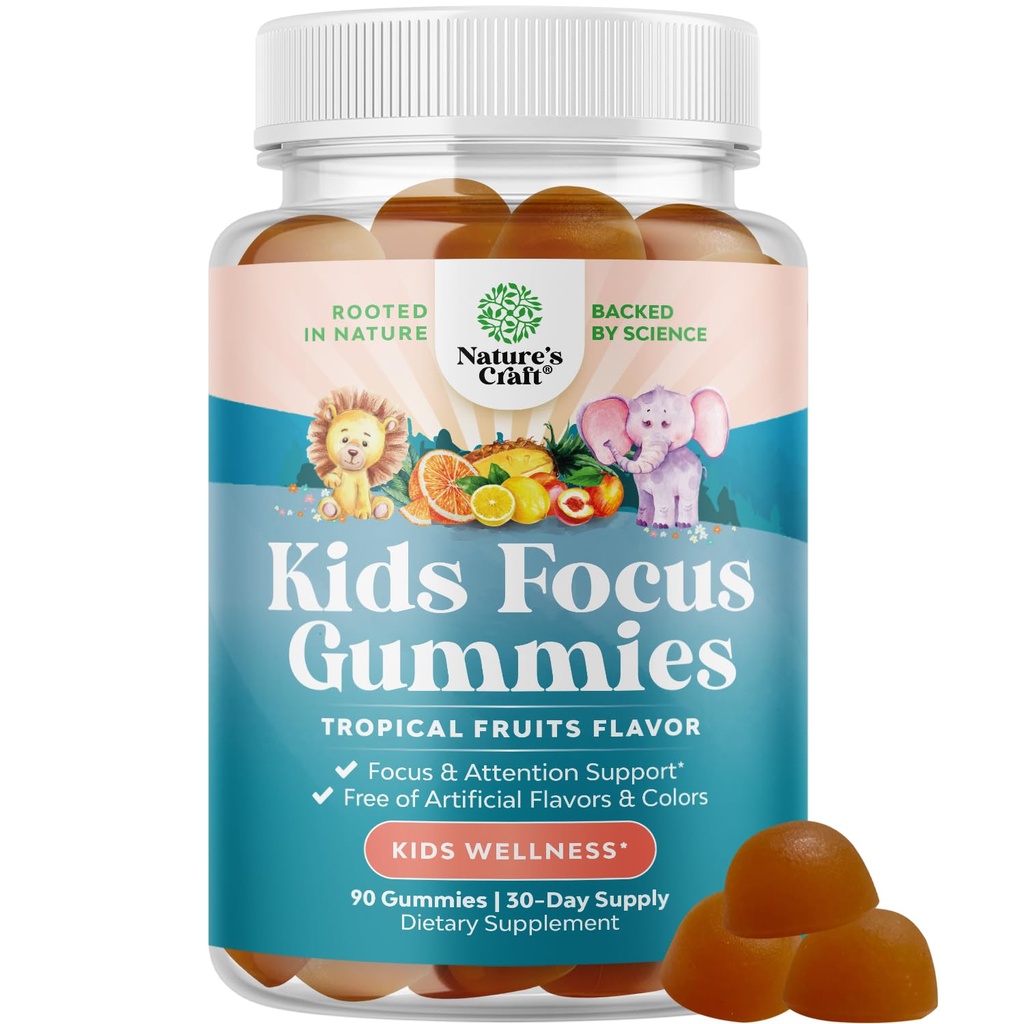 Kids Focus Gummies - Nootropics Brain Support Supplement for Kids rohelise tee ekstrakt, B6 & B12 Vitamiinid Mälu ja aju fookus - Taimne kontsentratsioon närib lastele - 90 Count