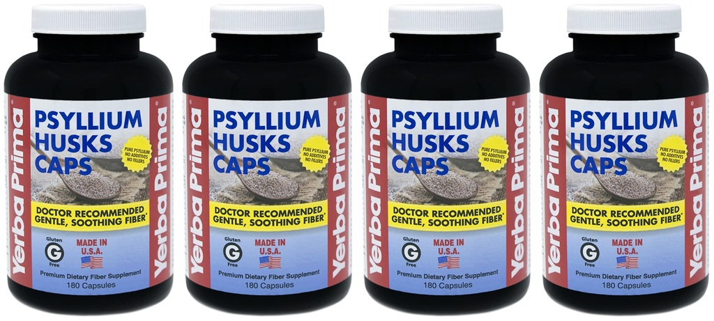 Yerba Prima Psyllium Husks kapslid - 180 kapslit (pakk 4) - looduslik kiudainelisand - GMO-vaba gluteen