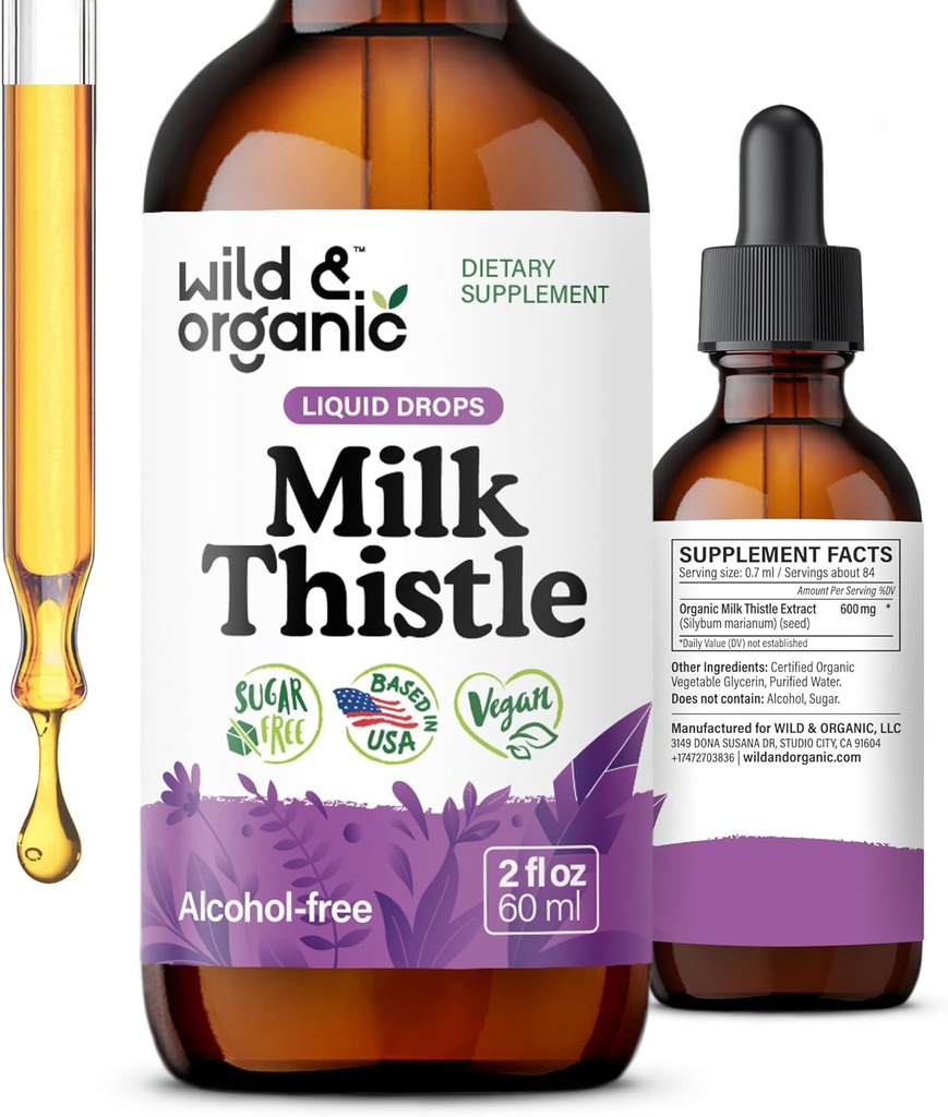 Wild & Organic Piimaohaka ekstrakti tilgad - Maksapuhastuse tugi - Piimaohakas Maks Detox Tinktuur - Silymarin Supplement - Silübum Marianum seemned - Vegan, suhkur ja alkoholivaba - 2 fl oz