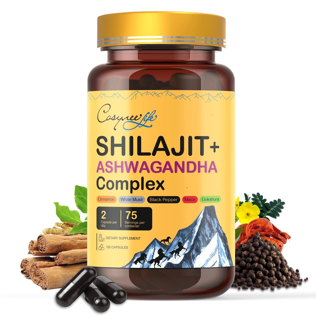 Himaalaja Shilajit - kompleks Ashwagandha, Mace, Gokshura, Cinnamon & Piperine | Energia, Vitality & 85+ Jälje mineraalid, Shilajit meestele, Shilajit naistele, regulaarne annus - 150 kapslit