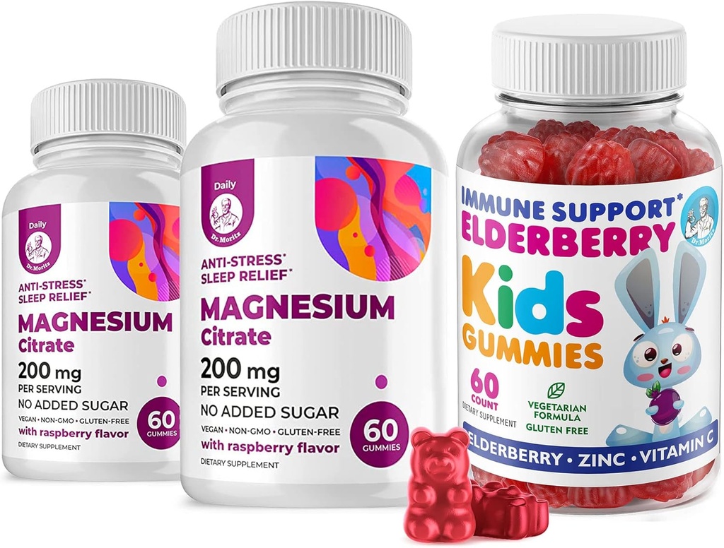 Elderberry Gummies for Kids and Magnesium 200 mg Gummies Sugar-Free - Tervislik Immuunsüsteemi Booster ja tervisetoetus Elderberries Ekstrakt Magneesium Calm Chews lastele ja täiskasvanutele Suhkruvaba