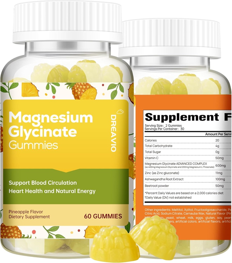 60 Count Magnesium Glycinate Gummies 400mg w / Ashwagandha Supplement - Sugar Free Tsink Magneesium Glycinate Supplement Ashwagandha Gummies täiskasvanutele Ananassimaitse