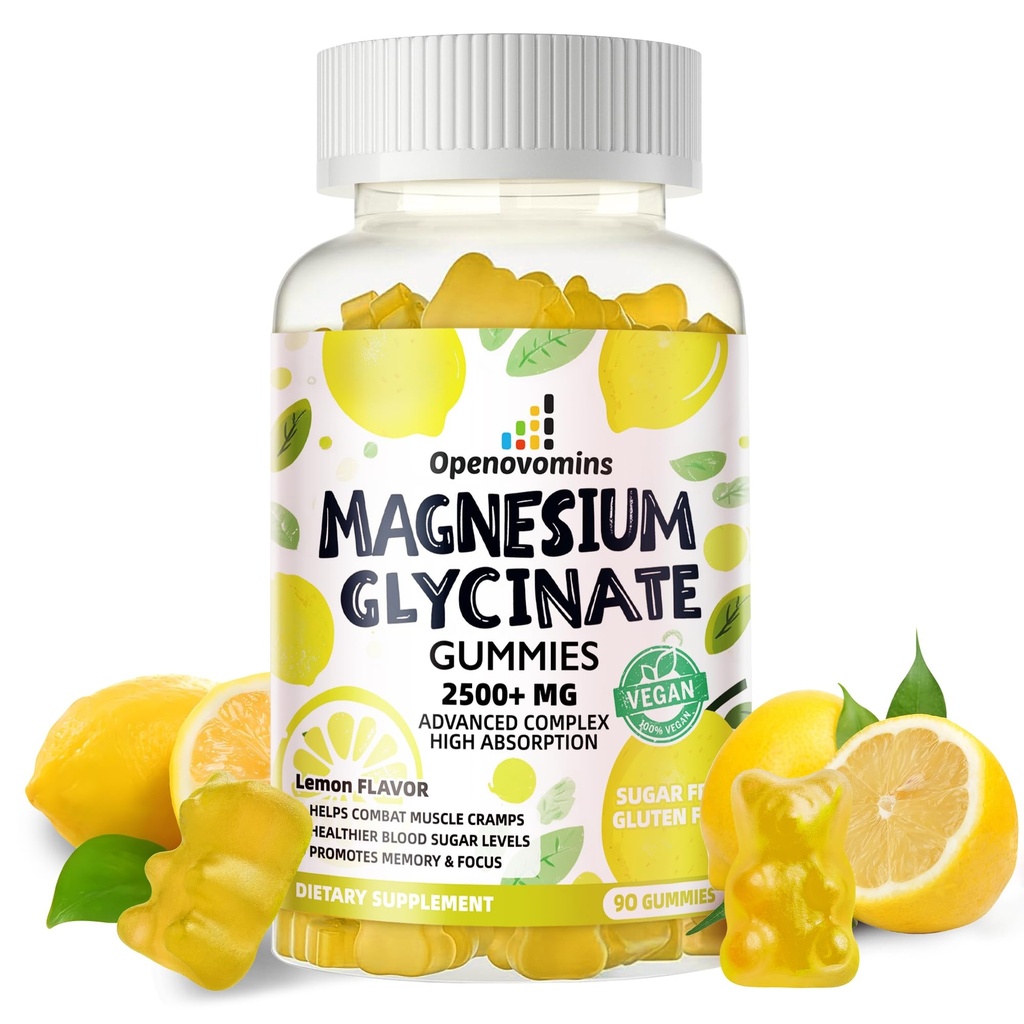 Magneesiumglütsinaatkummid 2500mg - suhkruvaba magneesiumi kaaliumi lisand D-vitamiiniga, B6, CoQ10 rahuliku meeleolu ja une toetamiseks - 90 Sidrunkummid