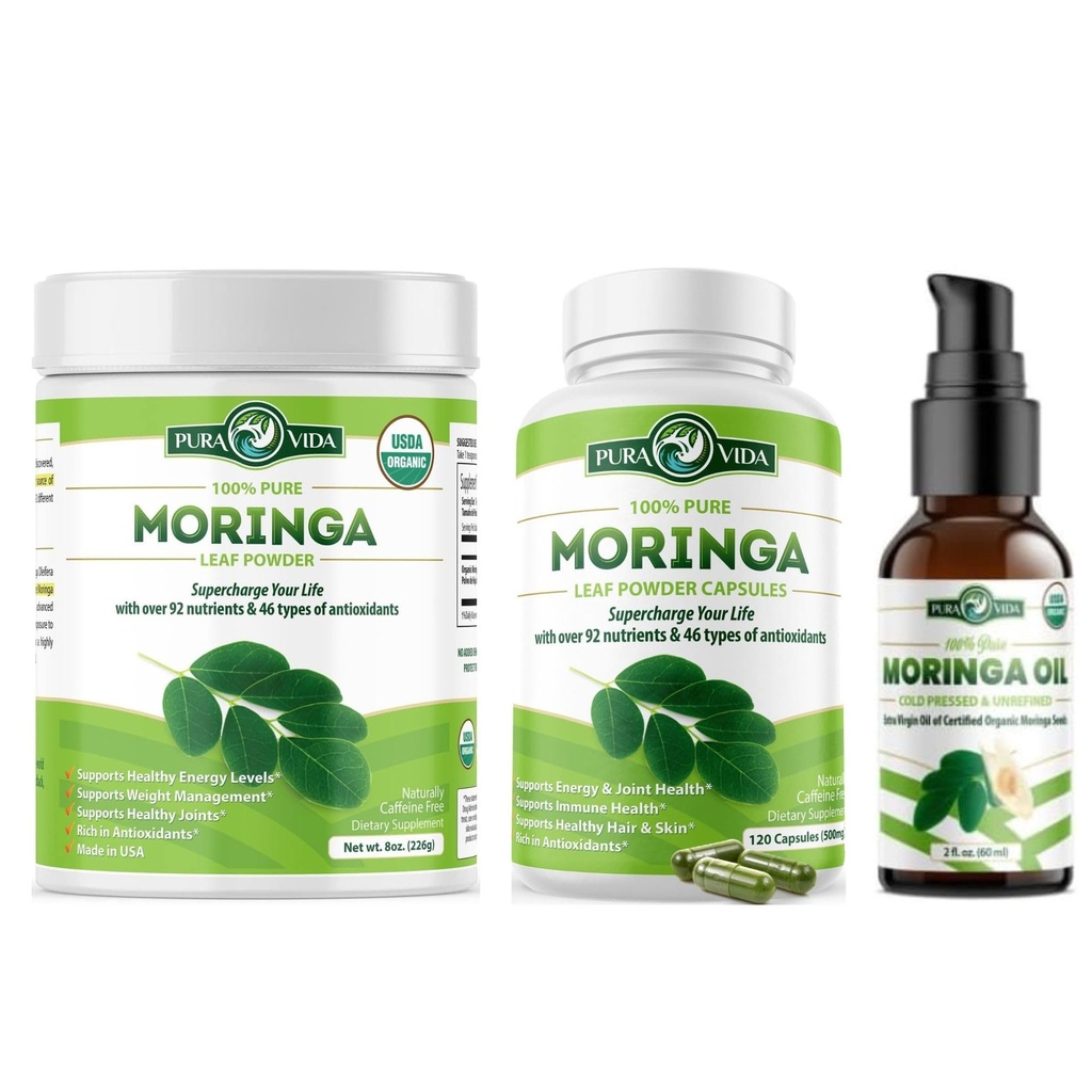 PURA VIDA MORINGA pulber 8 oz kapslid (120 loend) ja orgaaniline Moringa õli (2fl oz)