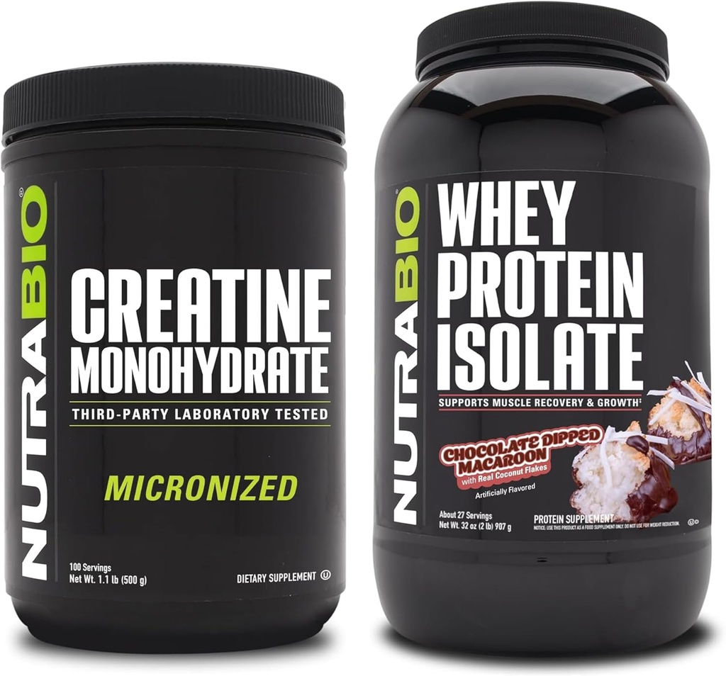 NutraBio Creatine Monohydrate, Unflavored, 500g and Whey Protein Isolate, Chocolate Dipped Macaroon, Supplement Bundle - Muscle Energy, Lean Muscle Growth, Recovery, and Strength