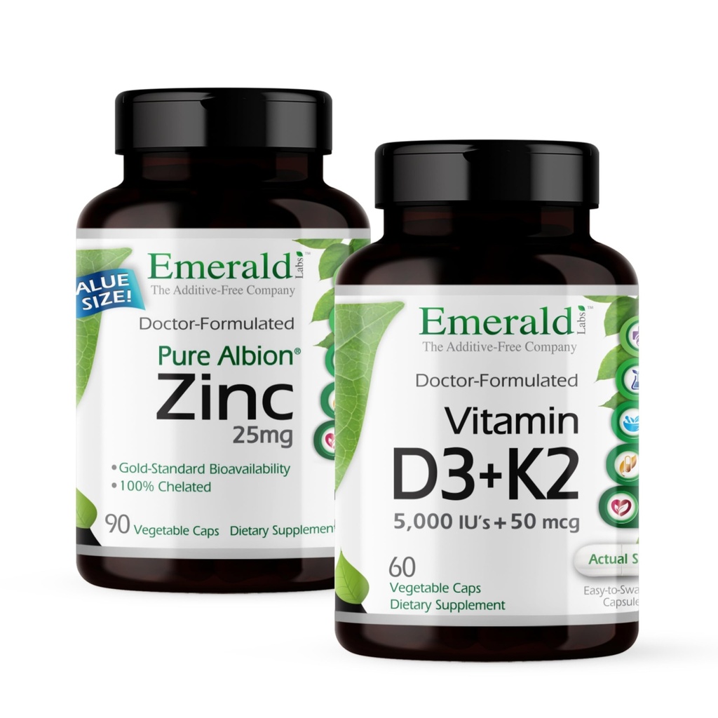 EMERALD LABS Vitamiin D3 + K2 (60 kapslit) ja tsink 25 mg (90 kapslit) - Luu tervis, südame tugi, immuunsuse tugi, seedetrakti tervis, oksüdatiivse stressi tugi - gluteenivaba
