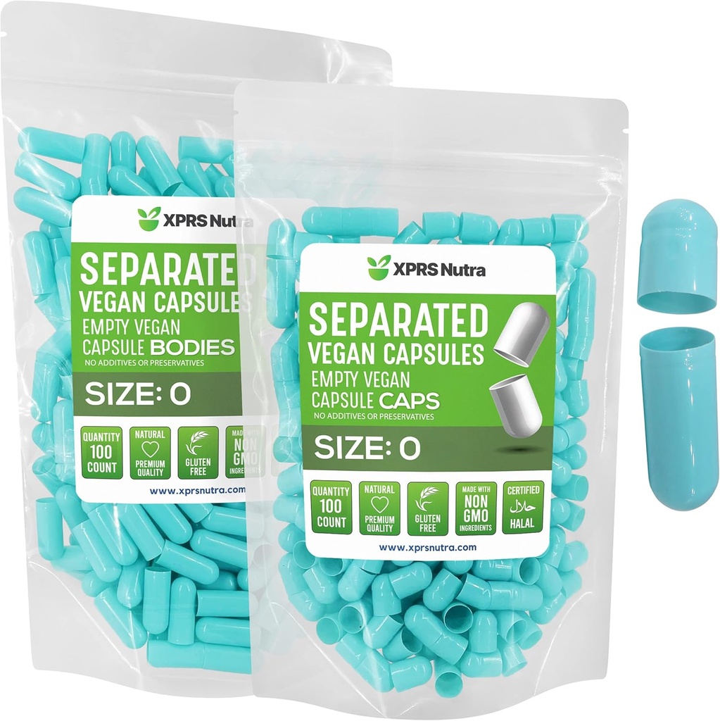 XPRS Nutra Vegan Suurus 0 Eraldatud Kapslid - 100 Count Premium Tühjad kapslid eraldatud kottides - 0 pillid DIY täienduse täitmiseks (Aqua)