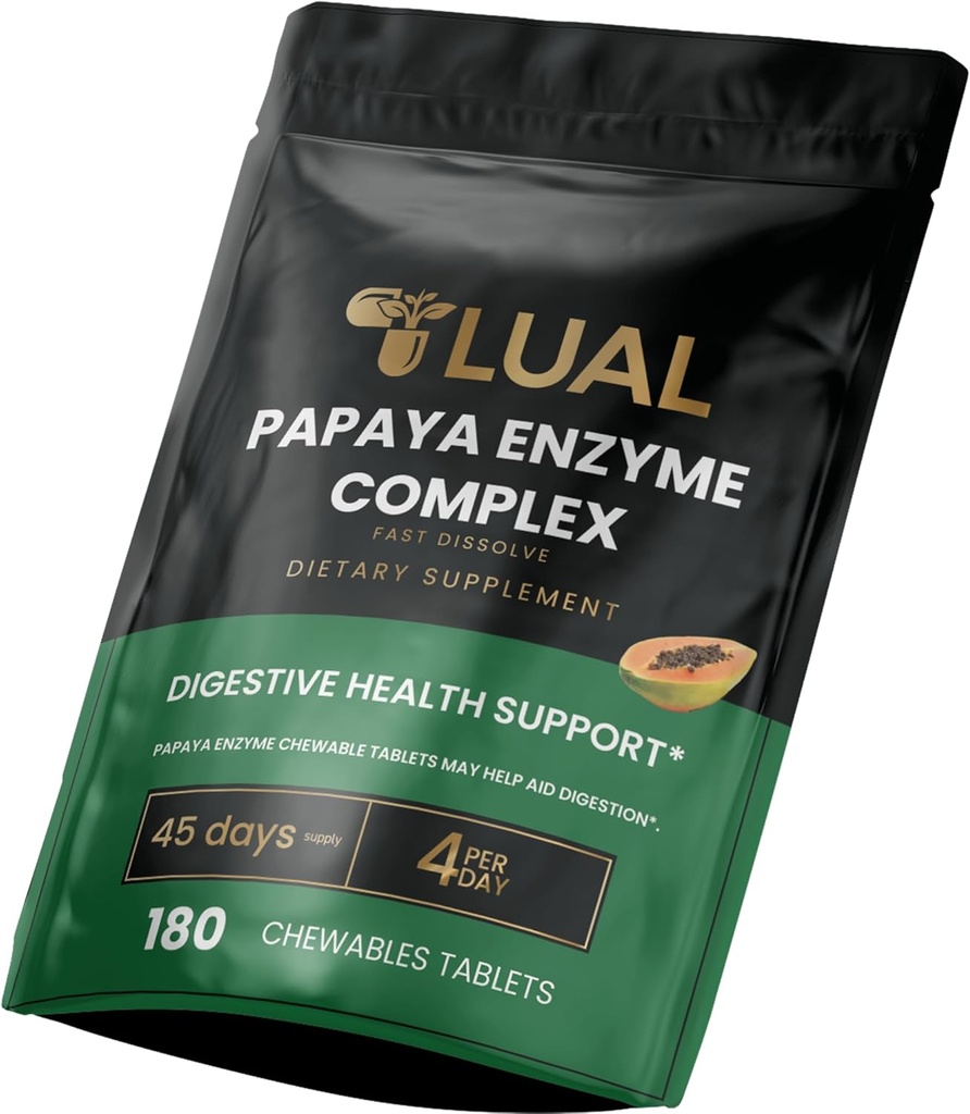 LUAL Papaya Ensüümikompleks – Näritavad tabletid koos papaiini, bromelaini ja seedeensüümidega – toetab seedimist ja toitainete imendumist – looduslik papaia maitse – 180 krahv