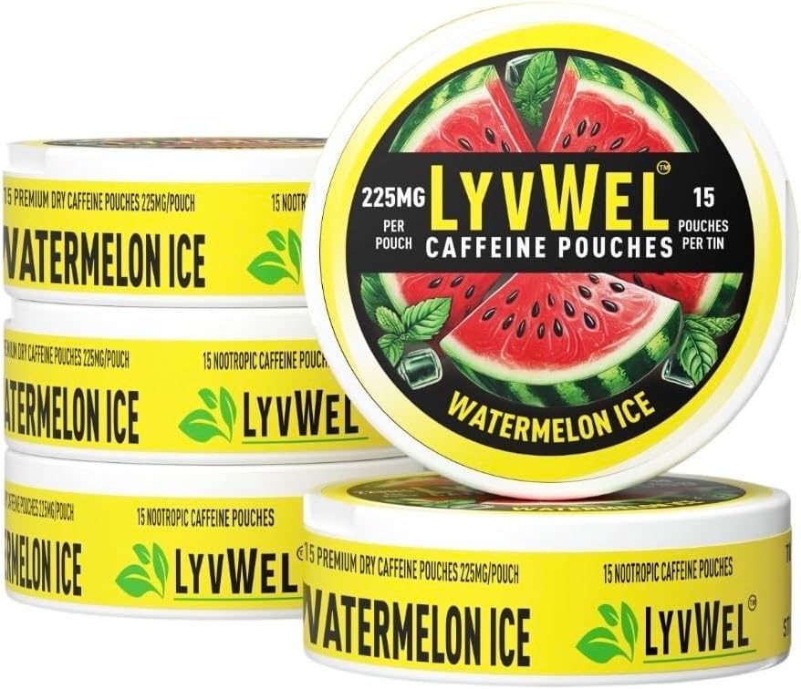 LyvWel 225mg Kofeiini energiakotid - Arbuus Jää 5-pakk (75 kotti) - värskendav energia ja fookus - Guarana-Enhanced Clean Boost treeningutele ja Grind