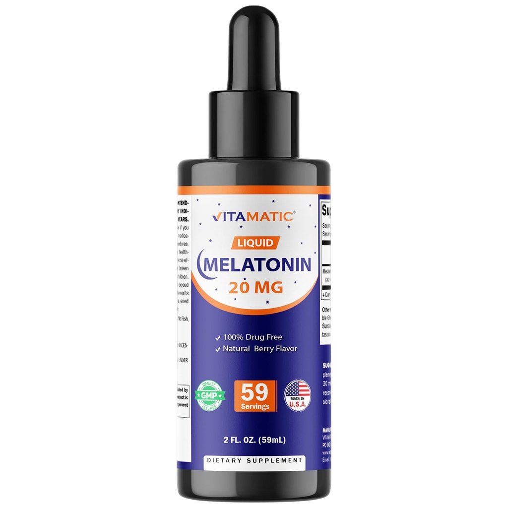 Vitamatic Melatonin 20mg Vedel tilgad – 2 Vedelik Ounce (59ml) – Natural Berry maitse – täiskasvanutele – Mitte-GMO – Taimetoitlane täiendus