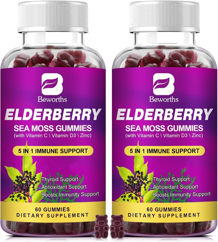 (2 Pack Elderberry Gummies & Irish Sea Moss, orgaaniline Sambucus Elderberry Gummy koos Seamoss, tsink, C-vitamiin, D3, multivitamiini Elderberry vitamiinid - suhkruvaba