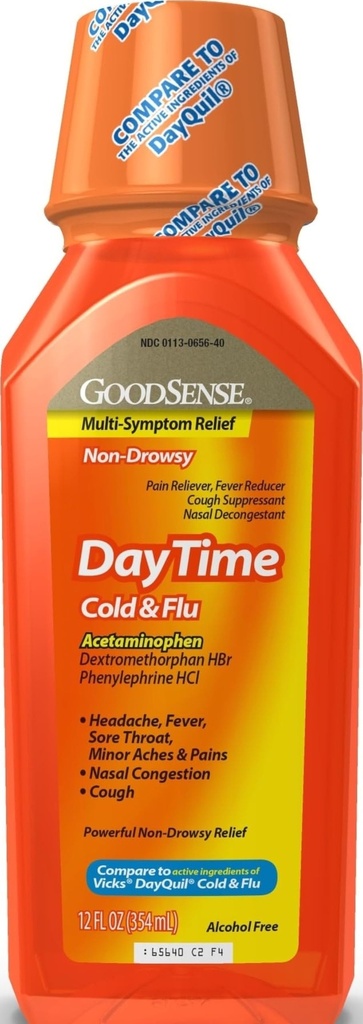 GoodSense Daytime Cold & Flu Multi-Symptom Relief, Non-Drowsy, Efektiivne leevendus palavikule, valulik kurk, köha, nina ummistus, 12 Fl Oz