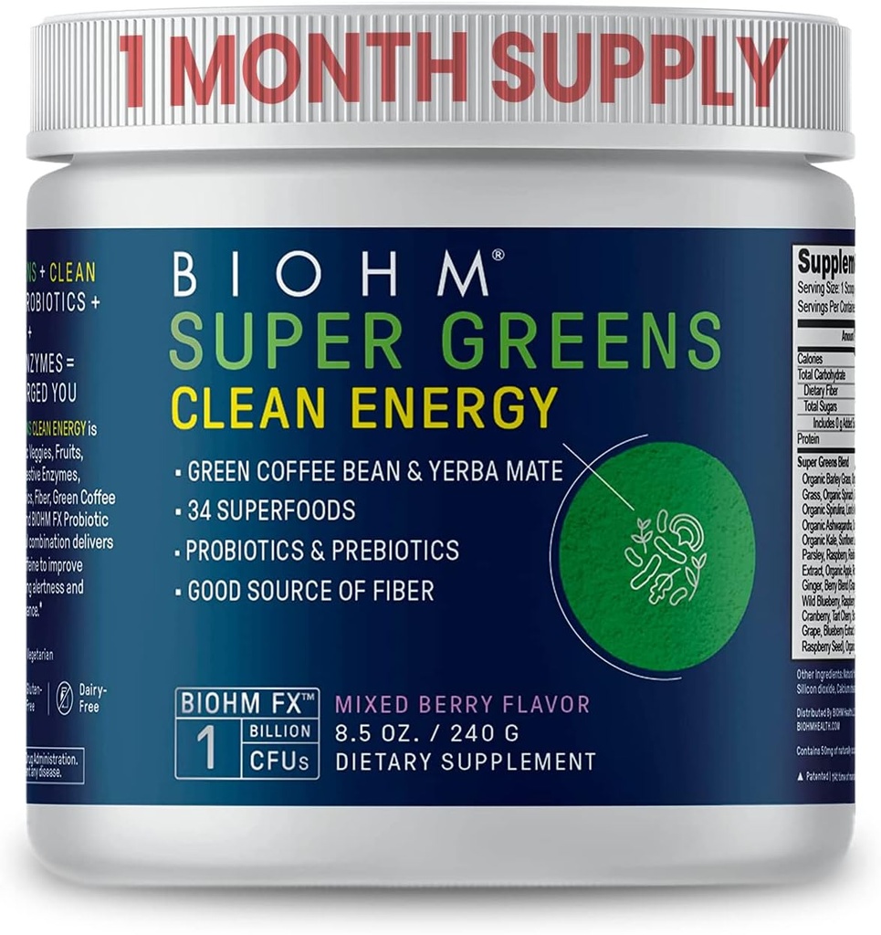 BIOHM Super Greens Clean Energy, Green Superfood Powder (8,5 Oz, 30 Servings) toetab soolestiku tervist ja tunnetust, 34 looduslikku puuvilja, köögivilja ja taimset ekstrakti prebiootikumide, probiootikumide ja ensüümidega