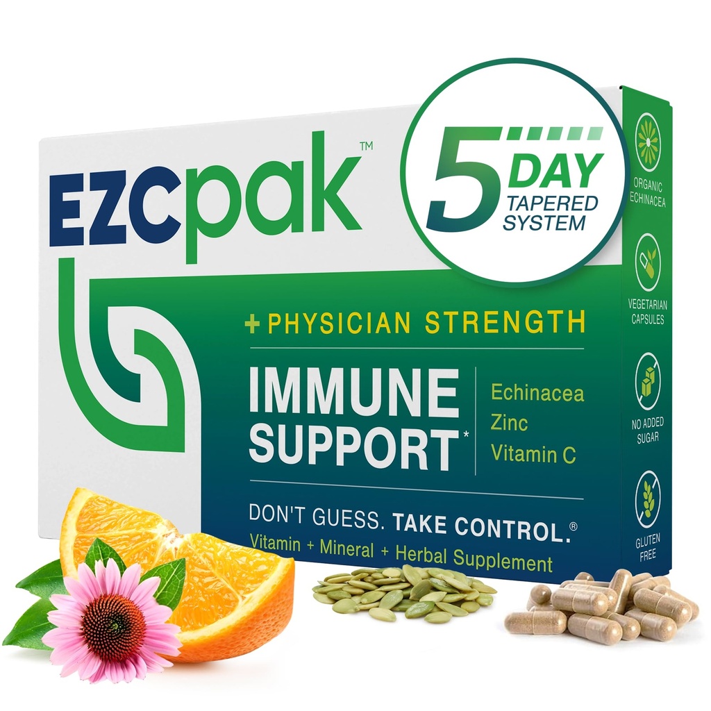EZC Pak 5-päevane nõrgestatud immuunsuse tugivõimendaja - vitamiini immuunsüsteemi tugisammas, Echinacea, tsink-vitamiin C, vitamiinid immuunsüsteemi toetamiseks, täiskasvanutele mõeldud immuunsuse tugevdajad - immuunsuse tugivitamiinid