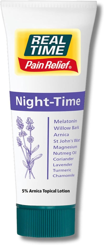Real Time Pain Relief Night Time Cream 4oz Tube - 22 Natural Ingredients: 5% Arnica, Melatonin & Lavender - Aids Sleep & Eases Discomfort in Joints, Muscles, Nerves, Back Aches, Bruises & Body Tension