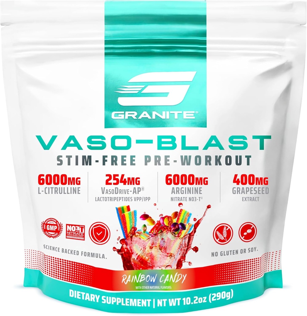 Granite Supplements Vaso Blast, Rainbow Candy Maitse, Stimulant-Free Pre Workout meestele ja naistele viinamarjade ekstrakt, Arginine Nitrit, & VasoDrive-AP Max Pump (20 Servings)