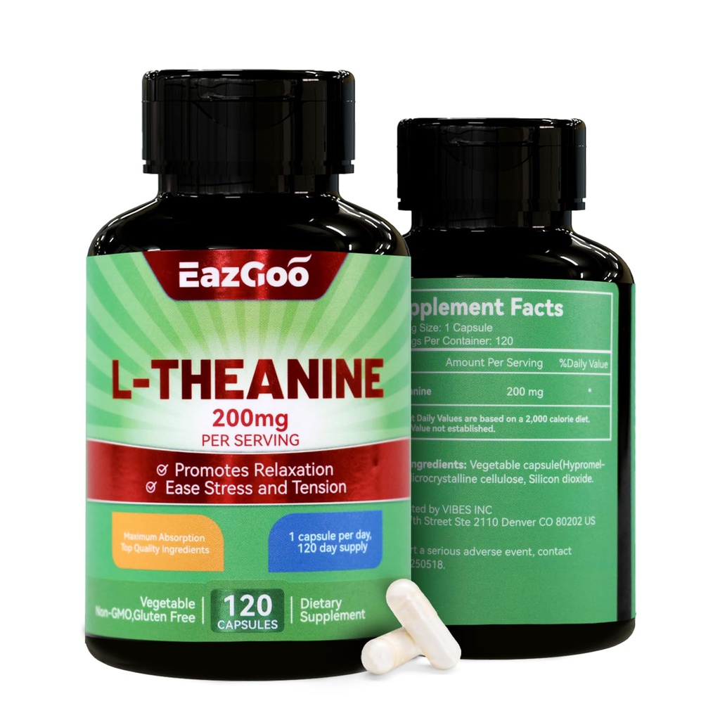 L-Theanine 200mg, Aminohappe lisand lõõgastumiseks, stress, L Theanine kapslid - mitte-GMO, Gluteenivaba, 240 Veg kapslid