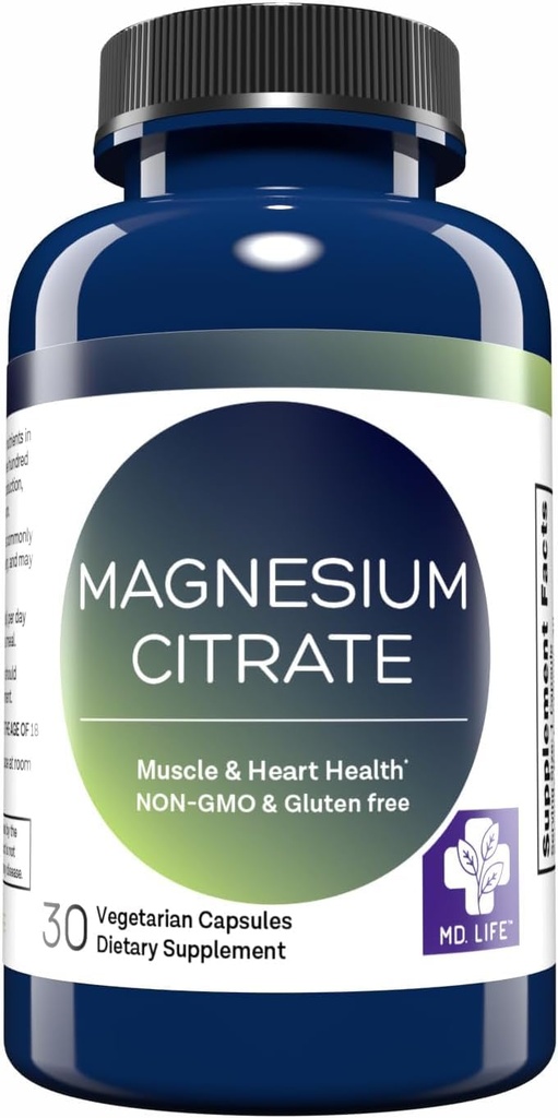 MD. Life Magneesiumtsitraat 250 mg – 30 kapslit – suure imendumisega magneesiumtsitraadi lisand – kergesti neelatavad kapslid lihaste, närvide, südame, une ja luude toetamiseks