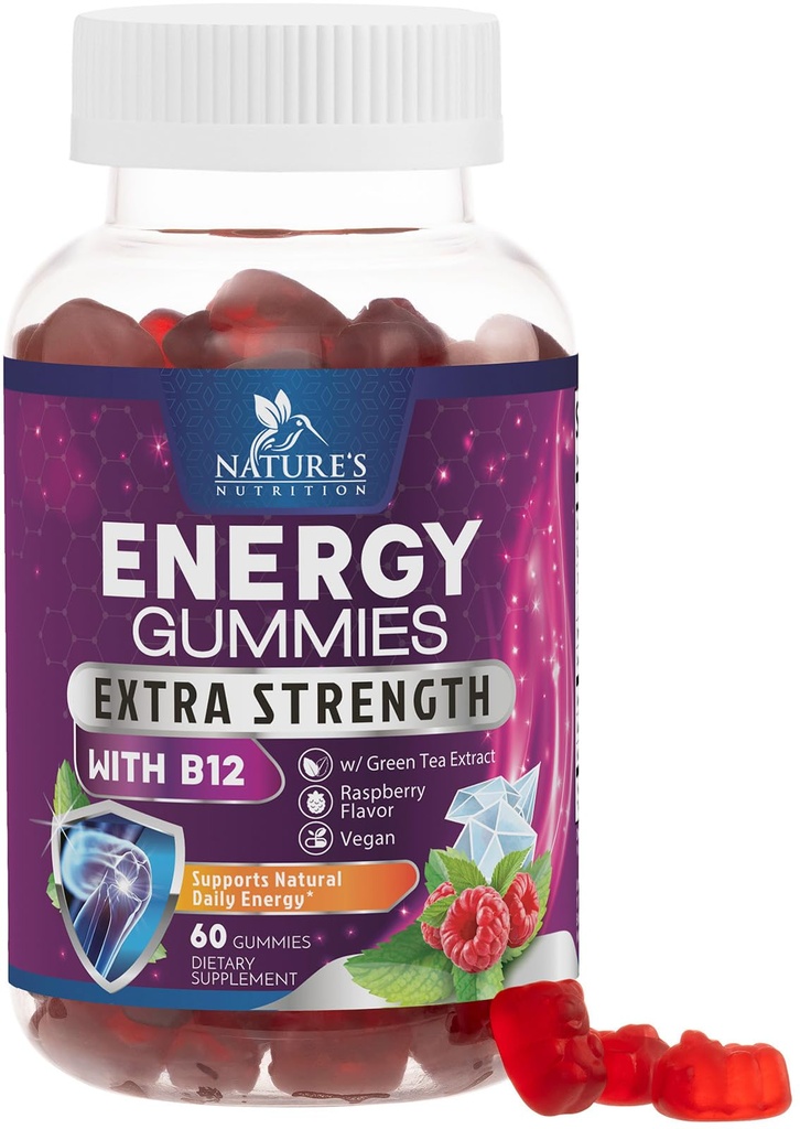 Energia Gummies 1000mcg - vitamiiniga B12, rohelise tee loodusliku kofeiini toetus, igapäevased energiakummid - maitsev marjamaitse B12 närimist lisandiga jalgrattasõidu ja spordi jaoks - 60 närimist