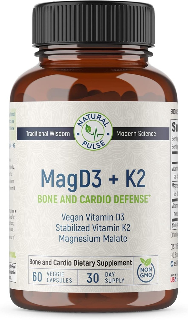 Magneesiummalaat + Vegan Vitamiin D3 + Stabiliseeritud Vitamiin K2, täielik tugilisa rakuenergiale, südame-veresoonkonnale, immuunsüsteemile ja ainevahetusele Tervis & Luu tugevus, 90 Veggie kapslit