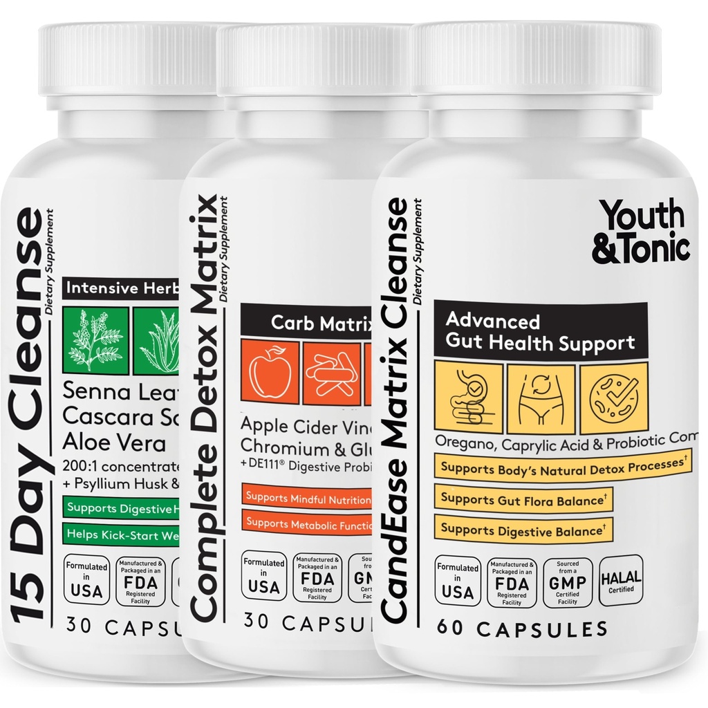CandEase Matrix Pills & Colon Cleanser & Complete Detox Matrix Fast Kit Bundle 3pk | Kaprüülhape Oregano Proteaas & Tsellulaas Ensüümid Lahstandid ACV Chromium & 100 Bil CFU/ g Seedetrakti probiootikumid