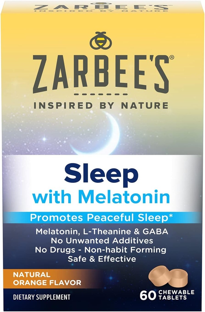 Zarbee on melatoniin 5mg, L-Theanine + GABA une täiendus, et edendada rahulikku und, loomulik apelsini maitse, närimistabletid täiskasvanutele vanuses 12 kuni 60 Count