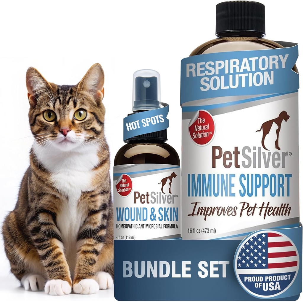 PetSilver - Immuunsüsteemi tugi (16 fl oz) ja haava ja naha pihusti (4 fl oz) koos patenteeritud kelaaditud hõbedaga - allergiad, sinus ja köha ravi - haavahooldus ja kuuma täpi pihusti kassidele ja koertele - valmistatud USAs