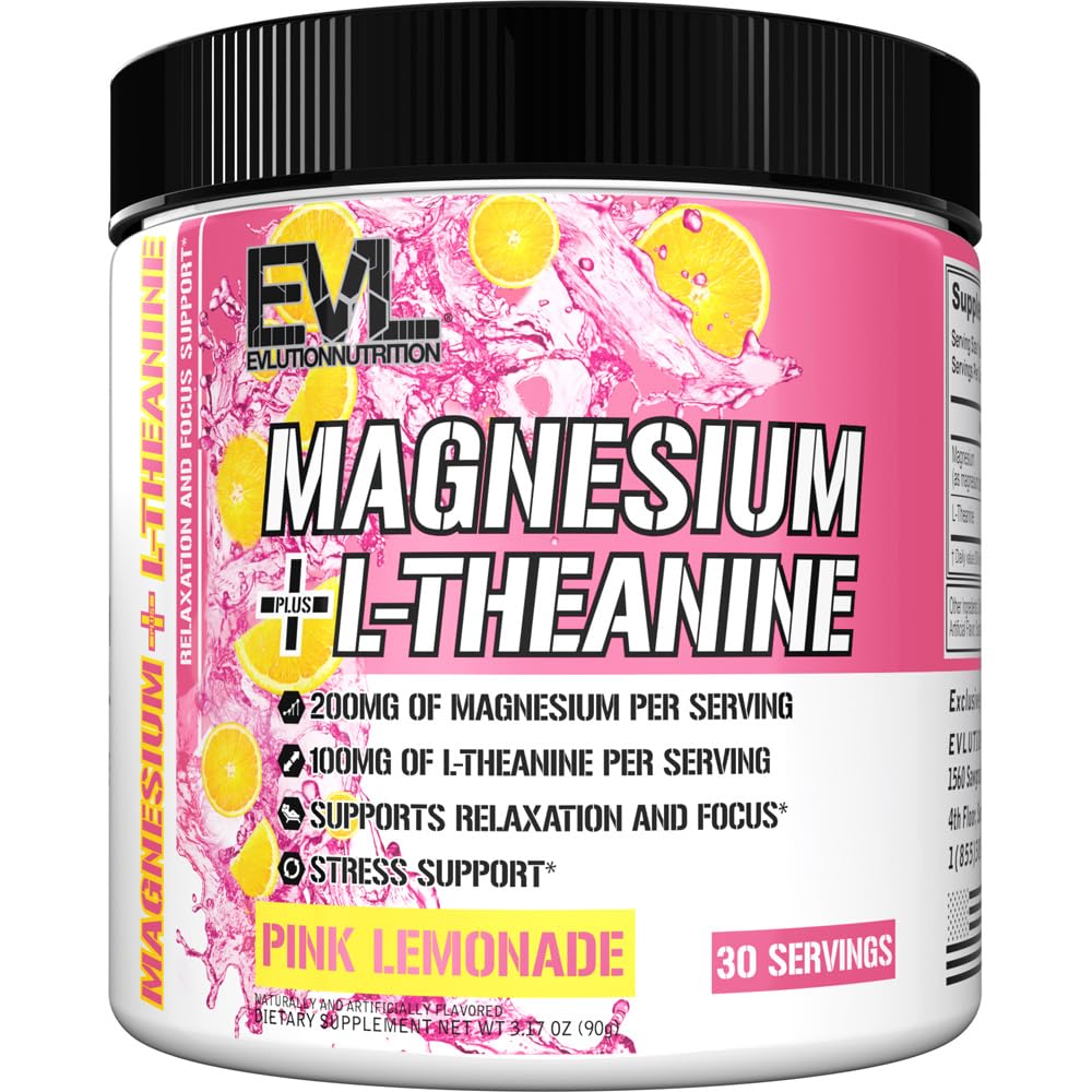 Evlution Nutrition Magneesium + L-Theanine - Natural Lõõgastav & Focus Support - 200mg Magneesium + 100mg L-Theanine - Vegan & Non-GMO - Pulber Dietary Supplement - 30 Servings - Roosa Lemonade