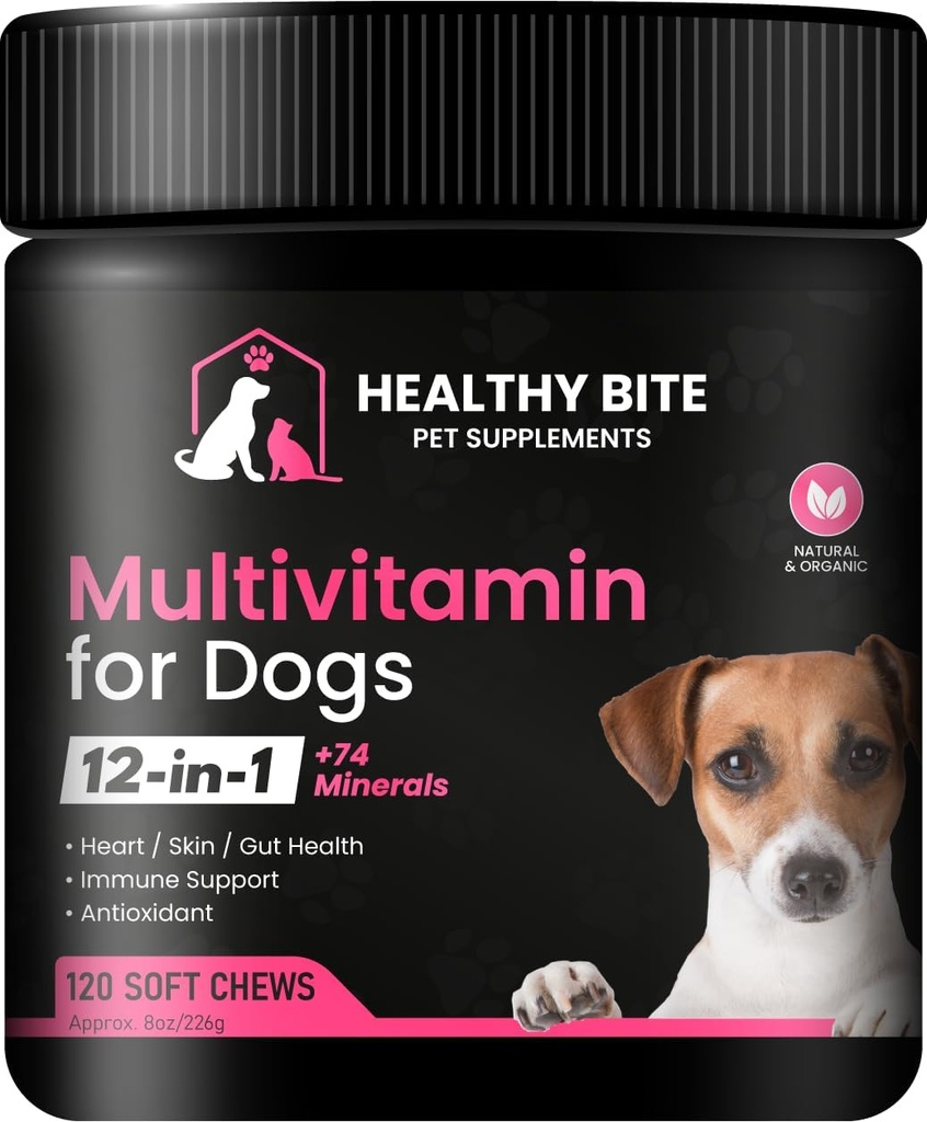 Tervislik Bite 12 in 1 Multivitamiin koertele - naha- ja karvalisand, immuunsüsteemi tugi, lemmiklooma vitamiinid, USA-s valmistatud koerte kaltsium - 120 Count