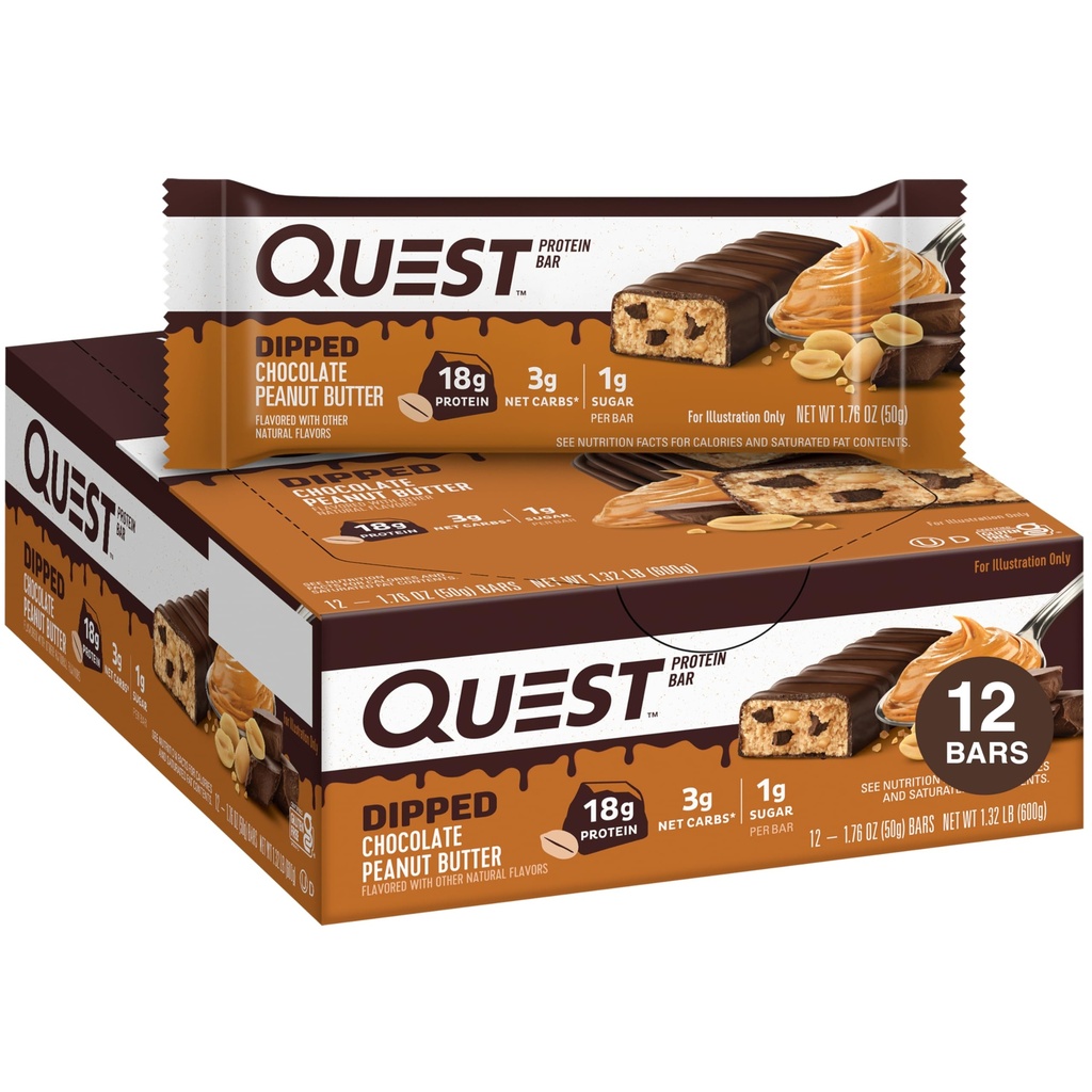 Quest Nutrition Dipped Chocolate Maapähklivõi valgubatoonid, 18g valku, 1g suhkrut, 3g Net Carbs, Gluteenivaba, 12 Count