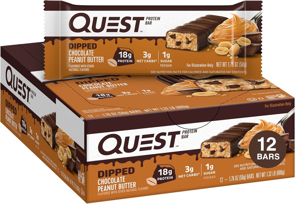 Quest Nutrition Dipped Chocolate Maapähklivõi valgubatoonid, 18g valku, 1g suhkrut, 3g Net Carbs, Gluteenivaba, 12 Count